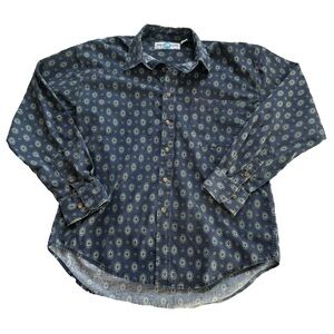Blue Vintage Medallion Print Button Up Long Sleeve Retro Shirt World Island